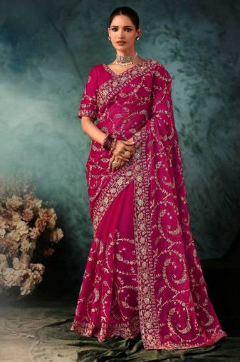 Pink luxury bridal saree for wedding | fancy fabric saree with hand embroidery & designer blouse