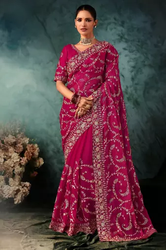 Pink luxury bridal saree for wedding | fancy fabric saree with hand embroidery & designer blouse
