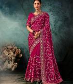 Pink luxury bridal saree for wedding | fancy fabric saree with hand embroidery & designer blouse