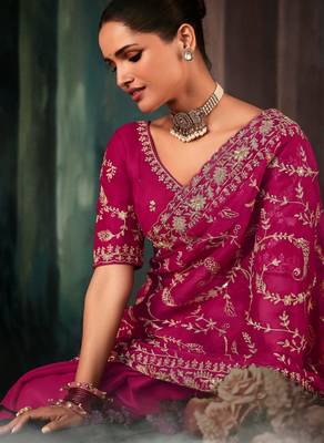 Pink luxury bridal saree for wedding | fancy fabric saree with hand embroidery & blouse 2