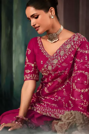 Pink luxury bridal saree for wedding | fancy fabric saree with hand embroidery & blouse
