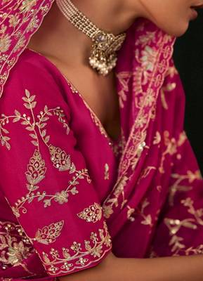 Pink luxury bridal saree for wedding | fancy fabric saree with hand embroidery & blouse 3