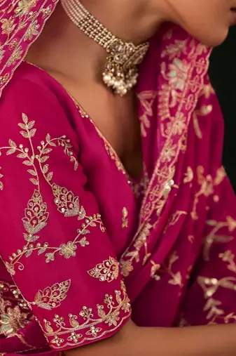 Pink luxury bridal saree for wedding | fancy fabric saree with hand embroidery & blouse