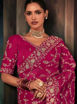 Pink luxury bridal saree for wedding | fancy fabric saree with hand embroidery & blouse 4