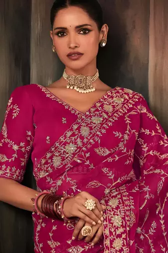 Pink luxury bridal saree for wedding | fancy fabric saree with hand embroidery & blouse
