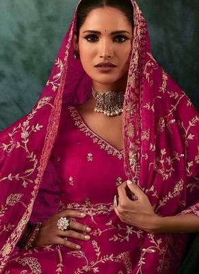 Pink luxury bridal saree for wedding | fancy fabric saree with hand embroidery & blouse 5