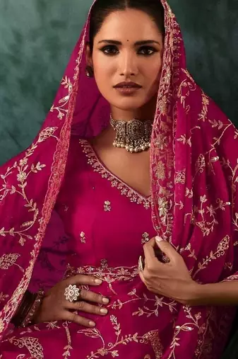 Pink luxury bridal saree for wedding | fancy fabric saree with hand embroidery & blouse