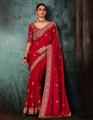 Red luxury bridal saree for wedding | fancy fabric saree with hand embroidery & blouse 1