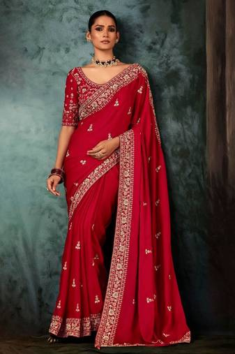 Red luxury bridal saree for wedding | fancy fabric saree with hand embroidery & designer blouse