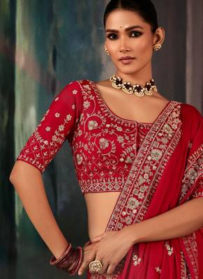 Red luxury bridal saree for wedding | fancy fabric saree with hand embroidery & blouse 2