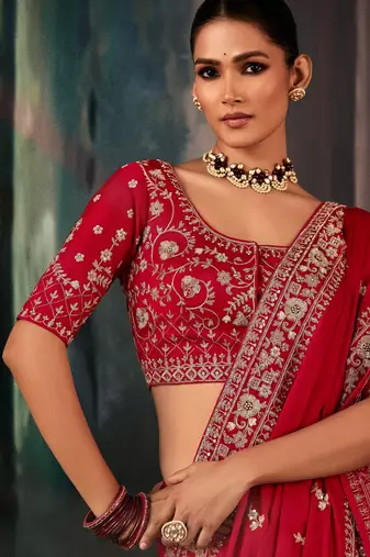 Red luxury bridal saree for wedding | fancy fabric saree with hand embroidery & blouse