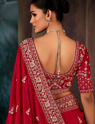 Red luxury bridal saree for wedding | fancy fabric saree with hand embroidery & blouse 3