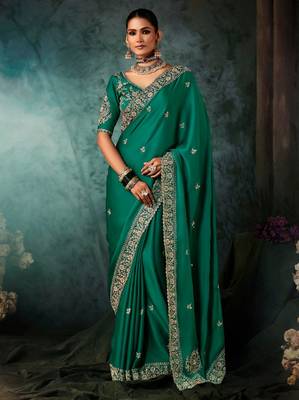 Sea green luxury bridal saree for wedding | fancy fabric saree with hand embroidery & blouse 1