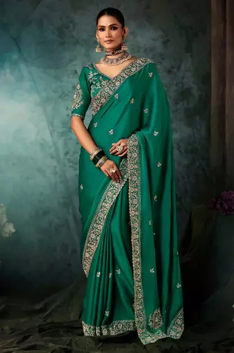 Sea green luxury bridal saree for wedding | fancy fabric saree with hand embroidery & designer blouse