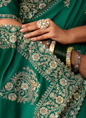 Sea green luxury bridal saree for wedding | fancy fabric saree with hand embroidery & blouse 2