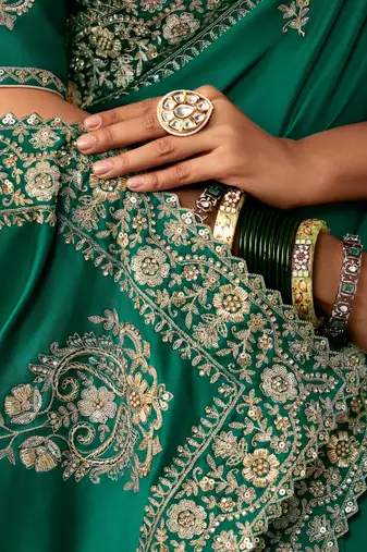 Sea green luxury bridal saree for wedding | fancy fabric saree with hand embroidery & blouse