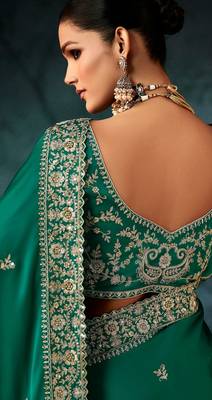 Sea green luxury bridal saree for wedding | fancy fabric saree with hand embroidery & blouse 3