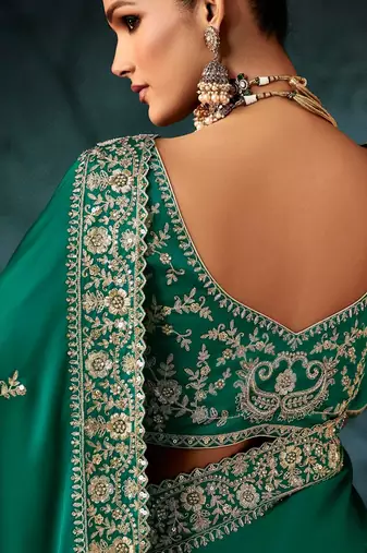Sea green luxury bridal saree for wedding | fancy fabric saree with hand embroidery & blouse