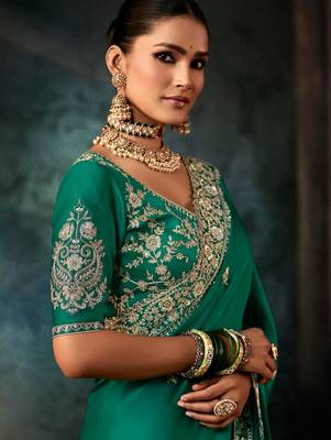 Sea green luxury bridal saree for wedding | fancy fabric saree with hand embroidery & blouse 4