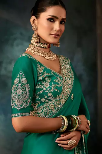 Sea green luxury bridal saree for wedding | fancy fabric saree with hand embroidery & blouse