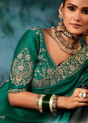 Sea green luxury bridal saree for wedding | fancy fabric saree with hand embroidery & blouse 5