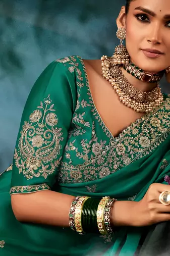 Sea green luxury bridal saree for wedding | fancy fabric saree with hand embroidery & blouse