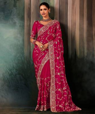 Rani pink luxury bridal saree for wedding | fancy fabric saree with hand embroidery & blouse 1