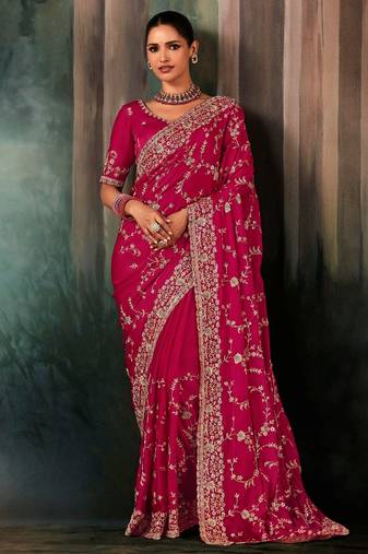 Rani pink luxury bridal saree for wedding | fancy fabric saree with hand embroidery & designer blouse