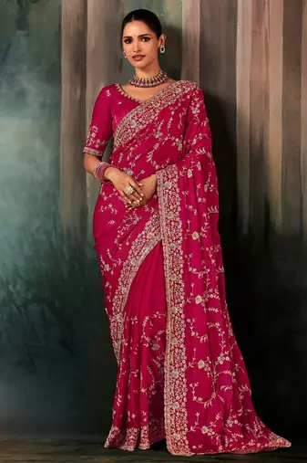 Rani pink luxury bridal saree for wedding | fancy fabric saree with hand embroidery & designer blouse