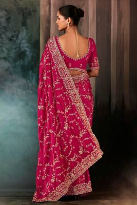 Rani pink luxury bridal saree for wedding | fancy fabric saree with hand embroidery & blouse 2