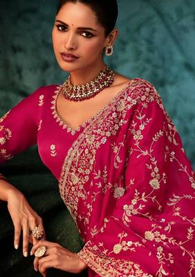 Rani pink luxury bridal saree for wedding | fancy fabric saree with hand embroidery & blouse 3