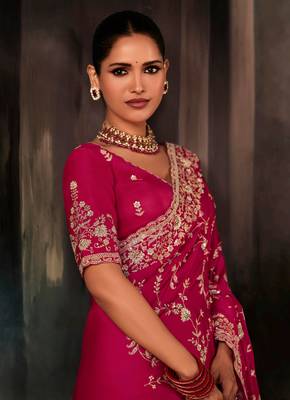 Rani pink luxury bridal saree for wedding | fancy fabric saree with hand embroidery & blouse 4