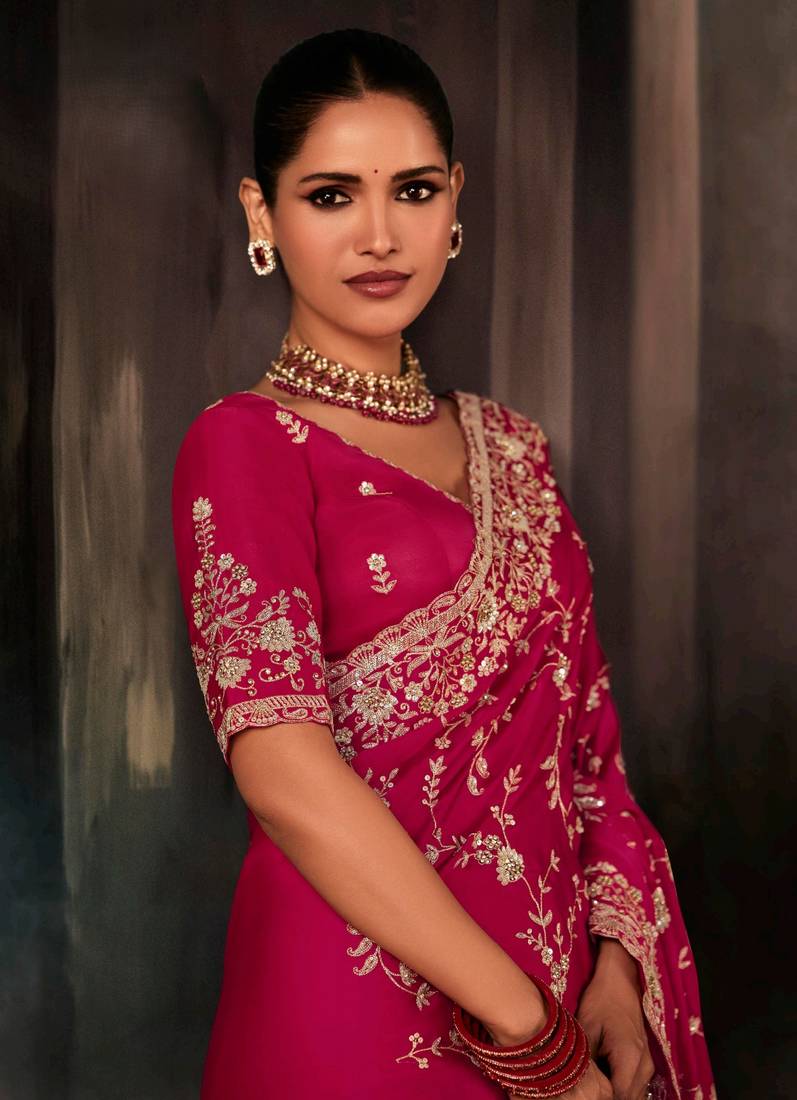 Rani pink luxury bridal saree for wedding | fancy fabric saree with hand embroidery & designer blouse