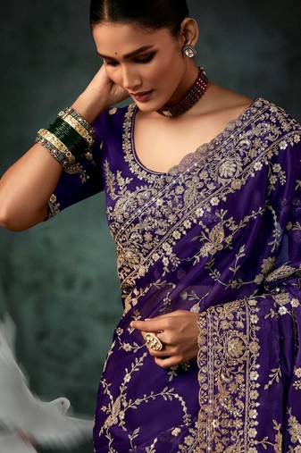 Purple luxury bridal saree for wedding | fancy fabric saree with hand embroidery & designer blouse
