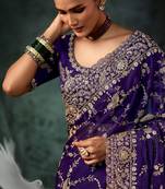 Purple luxury bridal saree for wedding | fancy fabric saree with hand embroidery & designer blouse