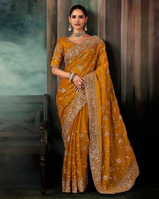 Mustard luxury bridal saree for wedding | fancy fabric saree with hand embroidery & blouse 1