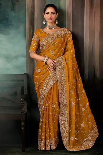 Mustard luxury bridal saree for wedding | fancy fabric saree with hand embroidery & designer blouse