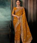 Mustard luxury bridal saree for wedding | fancy fabric saree with hand embroidery & designer blouse