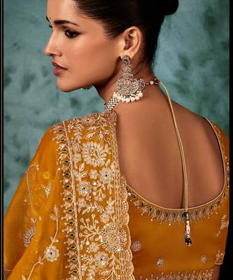 Mustard luxury bridal saree for wedding | fancy fabric saree with hand embroidery & blouse 2