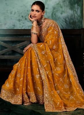 Mustard luxury bridal saree for wedding | fancy fabric saree with hand embroidery & blouse 3