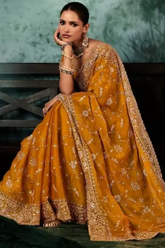 Mustard luxury bridal saree for wedding | fancy fabric saree with hand embroidery & blouse