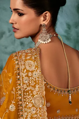 Mustard luxury bridal saree for wedding | fancy fabric saree with hand embroidery & blouse