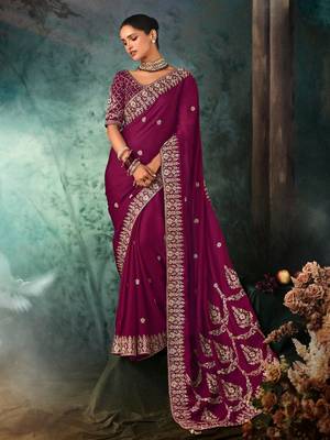 Wine luxury bridal saree for wedding | fancy fabric saree with hand embroidery & blouse 1