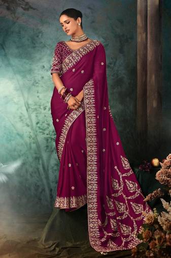 Wine luxury bridal saree for wedding | fancy fabric saree with hand embroidery & designer blouse