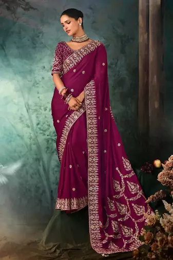 Wine luxury bridal saree for wedding | fancy fabric saree with hand embroidery & designer blouse
