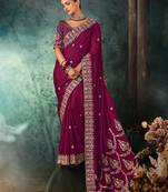 Wine luxury bridal saree for wedding | fancy fabric saree with hand embroidery & designer blouse