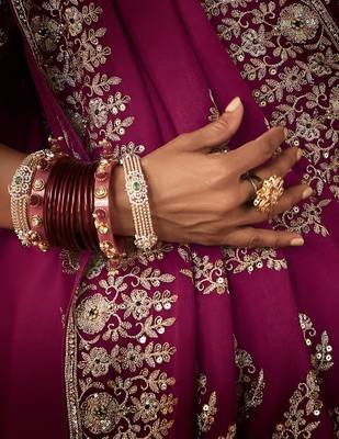Wine luxury bridal saree for wedding | fancy fabric saree with hand embroidery & blouse 3