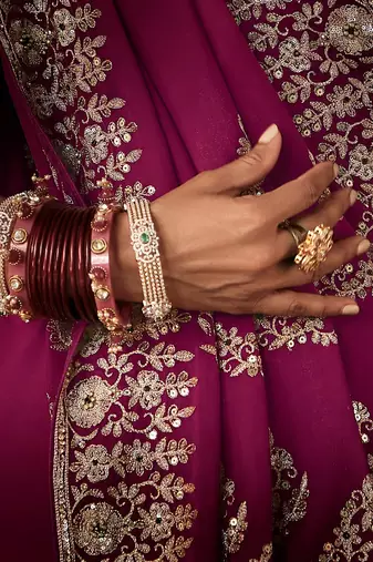 Wine luxury bridal saree for wedding | fancy fabric saree with hand embroidery & blouse