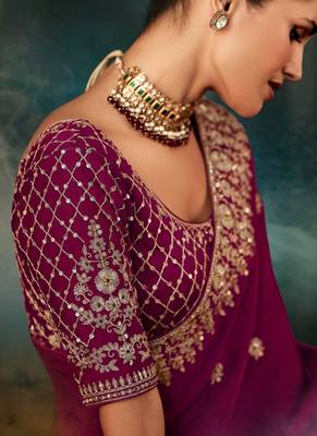 Wine luxury bridal saree for wedding | fancy fabric saree with hand embroidery & blouse 4