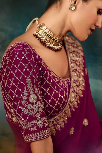 Wine luxury bridal saree for wedding | fancy fabric saree with hand embroidery & blouse